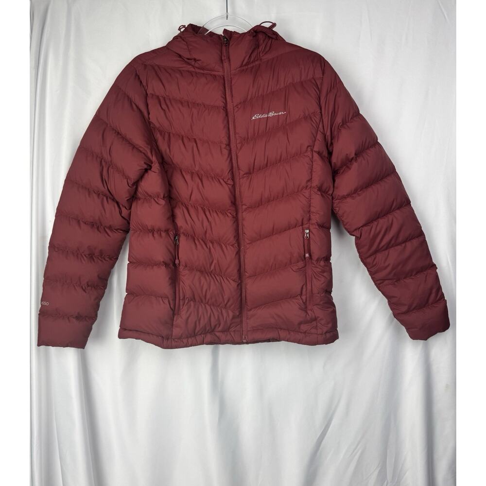 Eddie Bauer Womens Packable Puffer Jacket Hooded Down Filled EB650 Sz M Rust Red